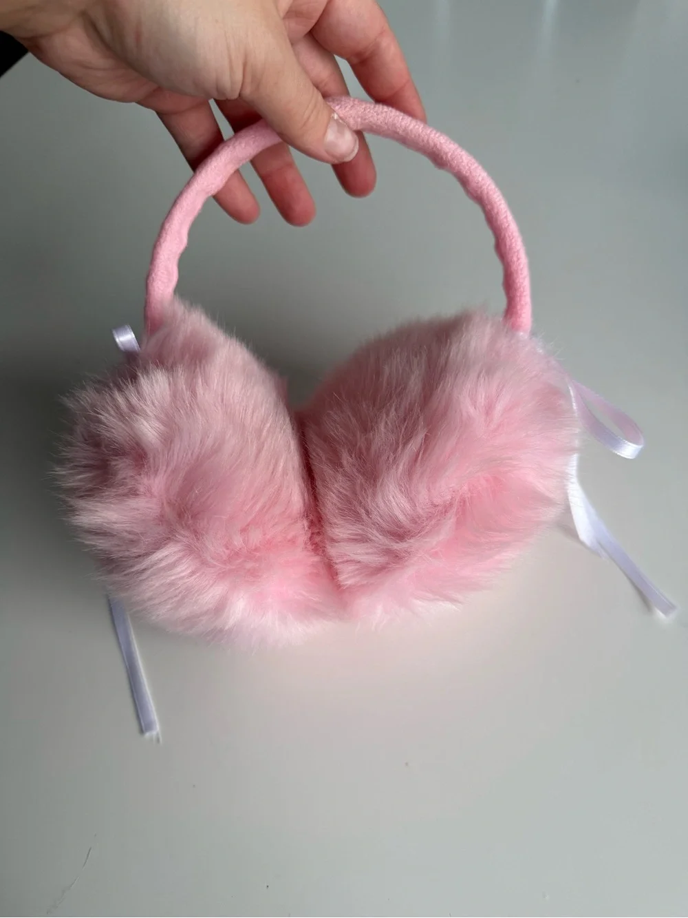Pink Faux Fur Earmuffs with Removable White Ribbon Bows 🎀